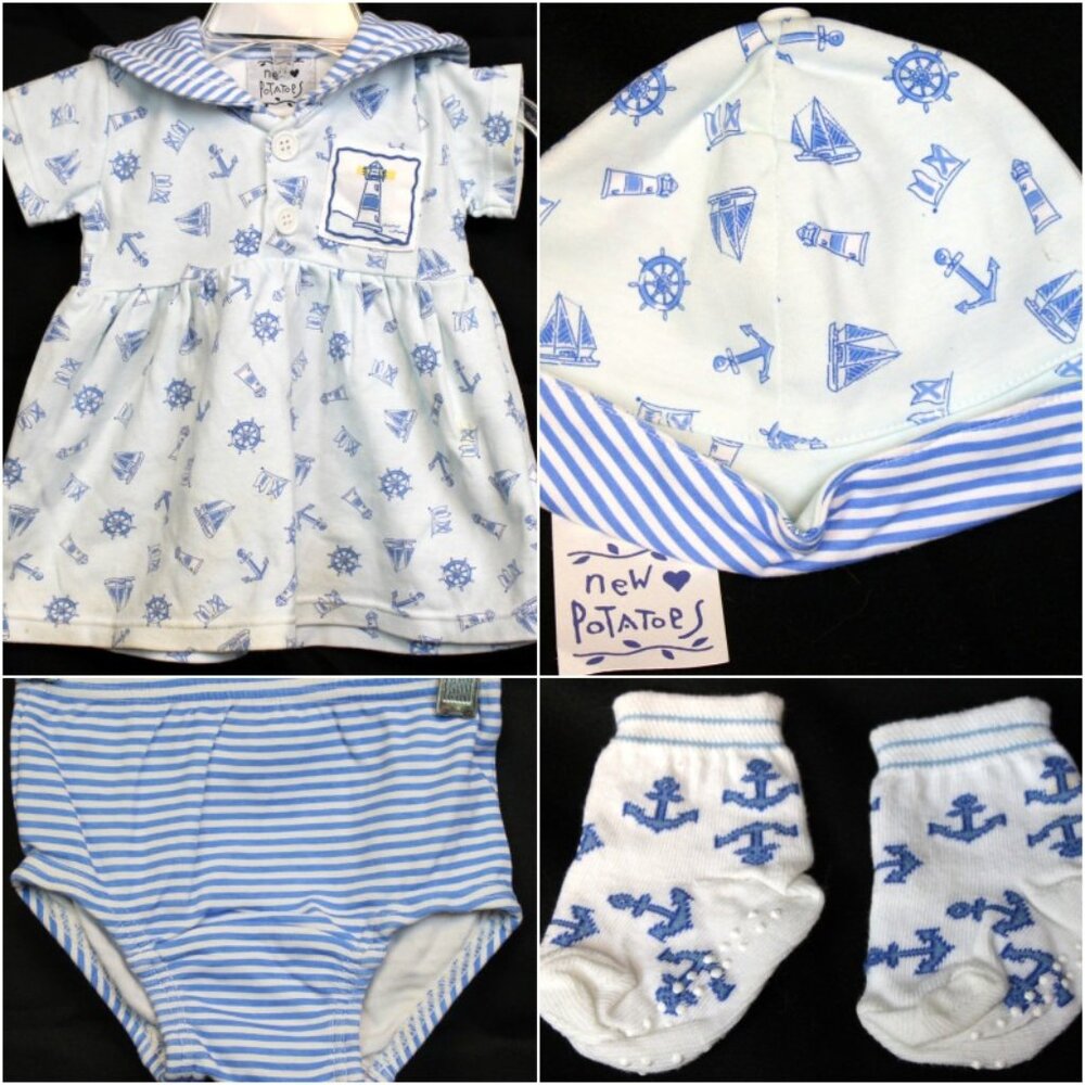 New Potatoes 5pc Outfit Sailor Dress Baby Girl 6m Diaper Cover Hat Socks Anchor
